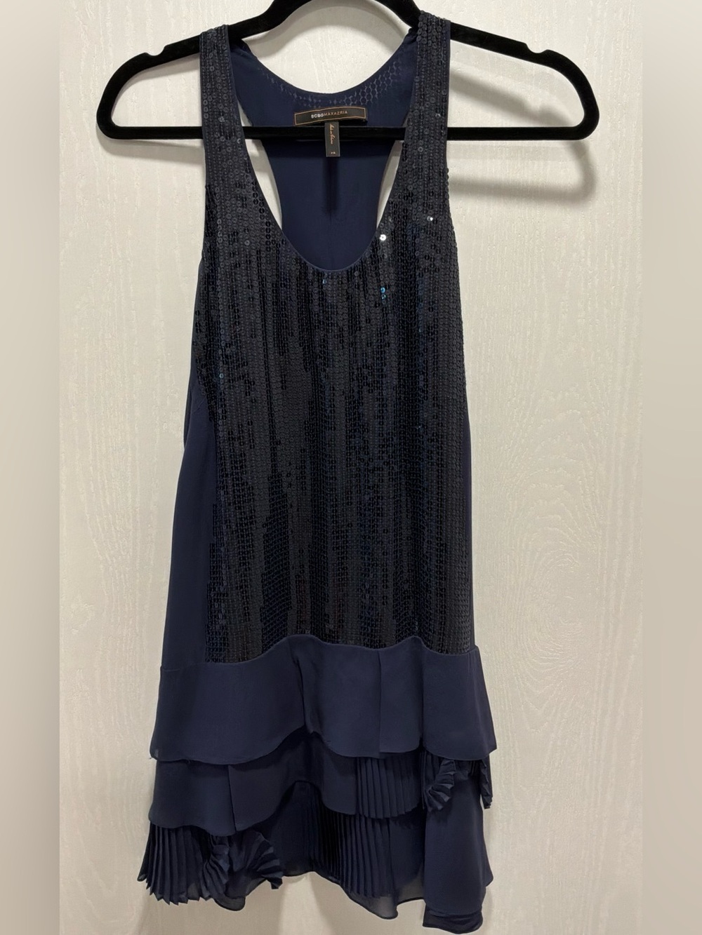 BCBGMaxAzria Navy Sequin Racerback Tiered Dress